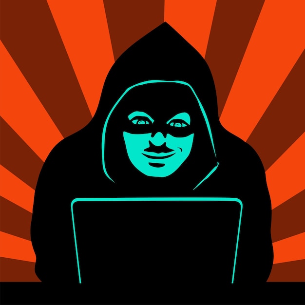 Vektor männlicher hacker an einem laptop schwarze silhouette mit geschlossenem gesicht cyber-angriff vektor-illustration