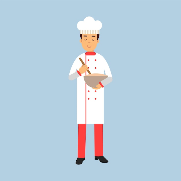 Männlicher koch koch charakter in uniform mit rührschüssel und schneebesen vektor illustration auf hellblauem hintergrund