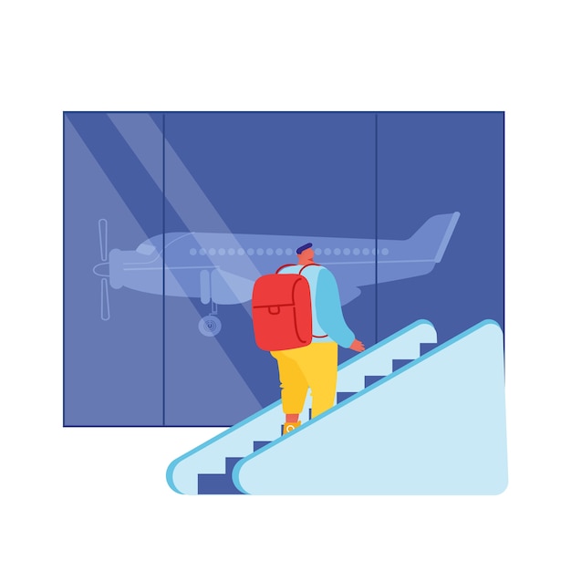 Vektor männlicher passagiercharakter mit rucksack, der durch bewegen der treppe im innenraum des abflugterminals der flughafenhalle nach oben geht.