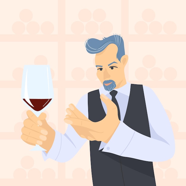 Vektor männlicher sommelier, der rotwein in den weingläsern betrachtet flache karikaturillustration des vektors