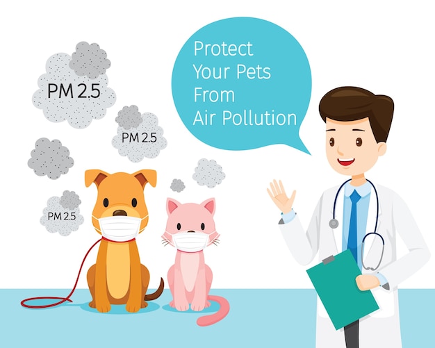 Männlicher tierarzt mit hund und katze, die luftverschmutzungsmaske tragen, um staub zu schützen