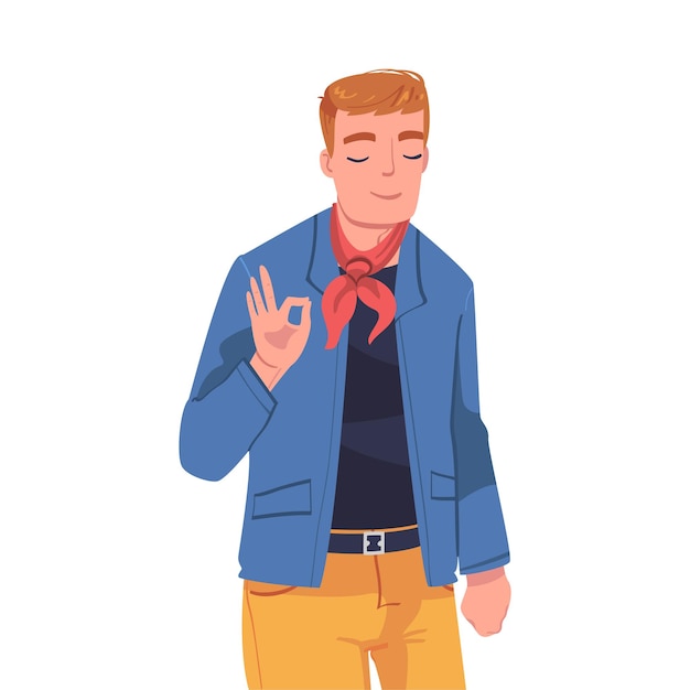 Männliches Zeichen, das eine positive Ok- oder Ring-Handgestusvektor-Illustration zeigt