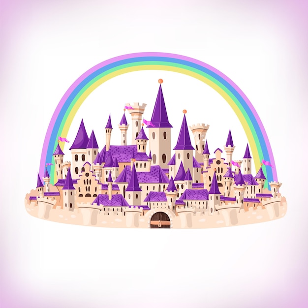Vektor märchen-cartoon-schloss süße cartoon-schloss fantasy märchenpalast mit regenbogen