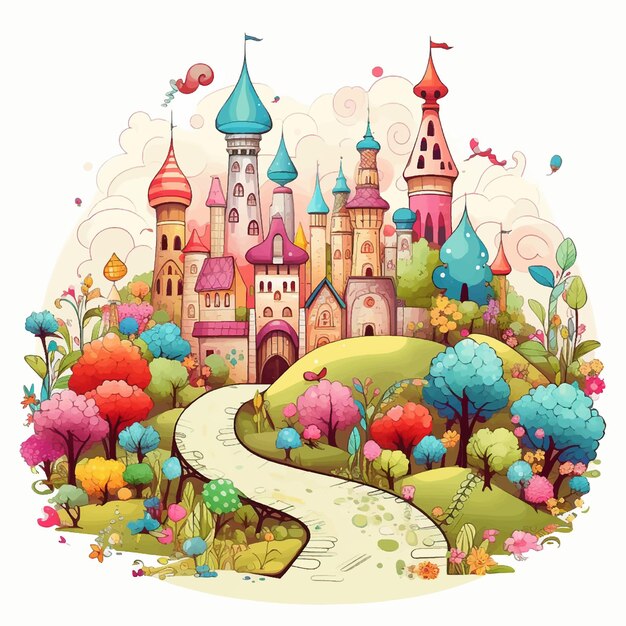 Vektor märchen märchen magie märchen fantasie landschaft szene turm zeichnung märchen pfad hügel illustration