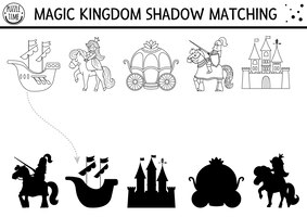 Märchen-schwarz-weiß-schatten-matching-aktivität mit burgprinzessin ritter magisches königreich-puzzle finden sie die richtige silhouette druckbares arbeitsblatt märchen-malseite für kinderxa