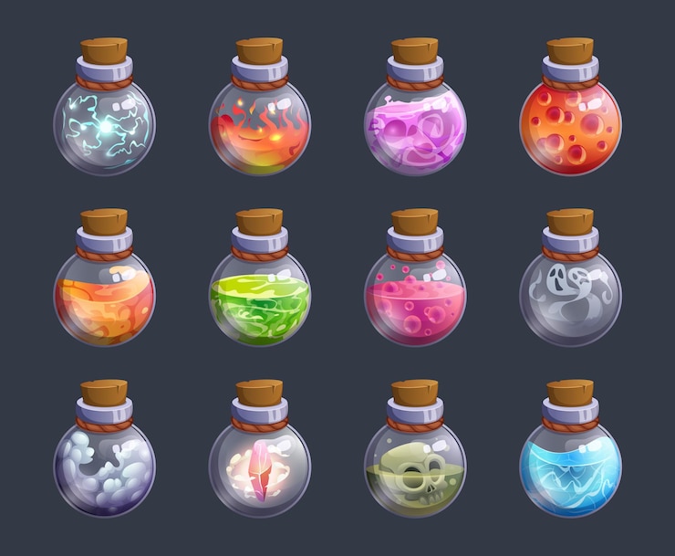 Vektor märchengifte, chemische alchemie, farbige flaschen mit flüssigem gift, genaue vektor-fantasiebilder.