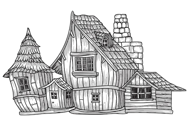 Märchenhaus für kinder mit fliesendach in cartoon-stil, isoliert auf weißem boden
