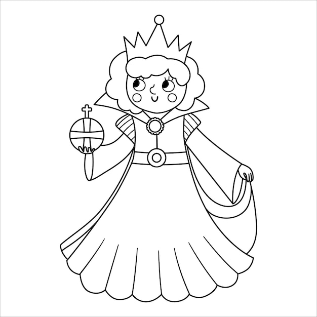 Märchenschwarz-weiß-königin mit kugel vektorlinie fantasy-monarch in krone und mantel mittelalterliche märchenprinzfigur cartoon magisches souveränes symbol oder malseitexa