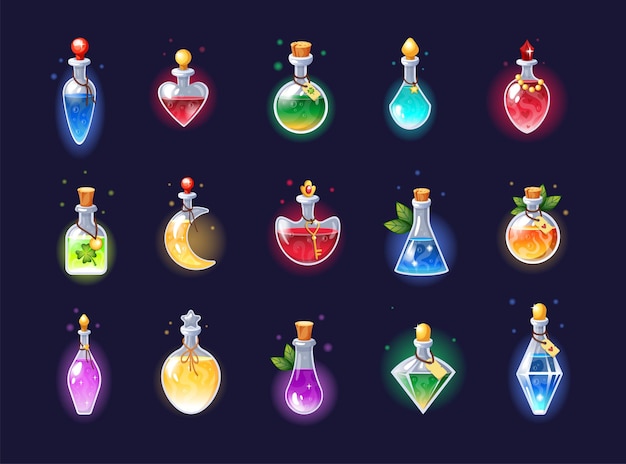 Magie-Spielflaschen Chemie-Trank Alchemie-Flasche oder -Flasche Gift-Antidot Elixier mit Kork für das Labor Flüssige Substanz in Glasflaschen Glück- und Liebesgetränk Vektor ordentliche Ikonen-Set