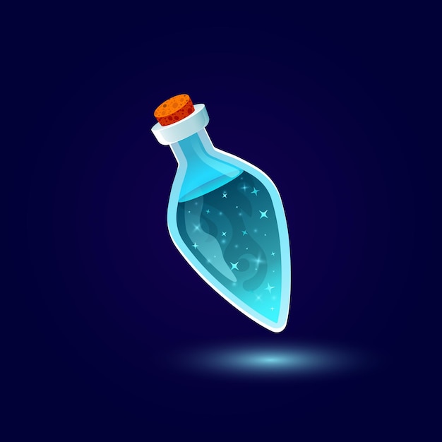 Magische Flasche mit blauem Elixier Dreieckförmige Glasflasche mit türkisfarbener Flüssigkeit und Holzkork