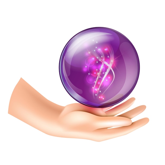 Vektor magische kristallkugel mit weiblichen händen mystisches zauberersymbol zukunftserzählung