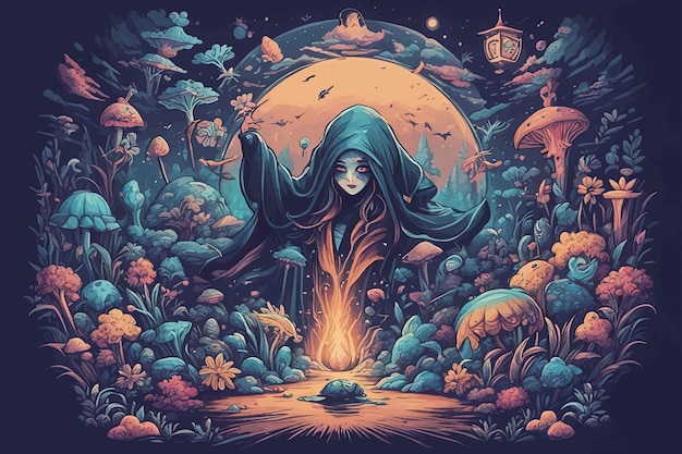 magische magische Hexe im Nachtwald Halloween-Illustration magische magische Hexe im Nachtwald