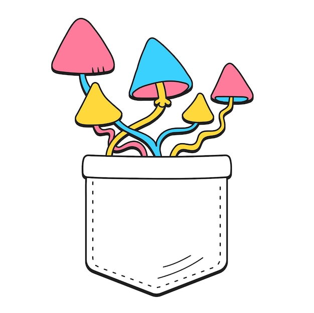 Magische psilocybin-pilze wachsen im taschen-t-shirt-druckvektor-cartoon-doodle-linie-stil-charakter l