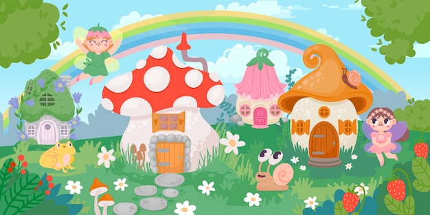 Magische Walddorflandschaft mit kleinen Häusern und Fee Blumen- und Pilz-Fantasy-Häuser für Gnome Märchenhafte Panorama-Vektorszene