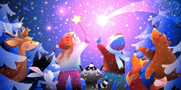Magische winterwaldszene mit tieren und kindern, die sternschnuppen am himmel beobachten bärenfuchs, kaninchen, hirsch und wolf im winterwald weihnachts- oder neujahrsgrußkarte vektorszenenillustration