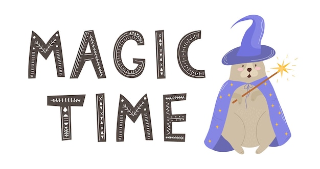 Magische Zeit Vektorplakatkalligraphie mit Phrase und abstraktem Dekor. Handgezeichnete Pinselelemente