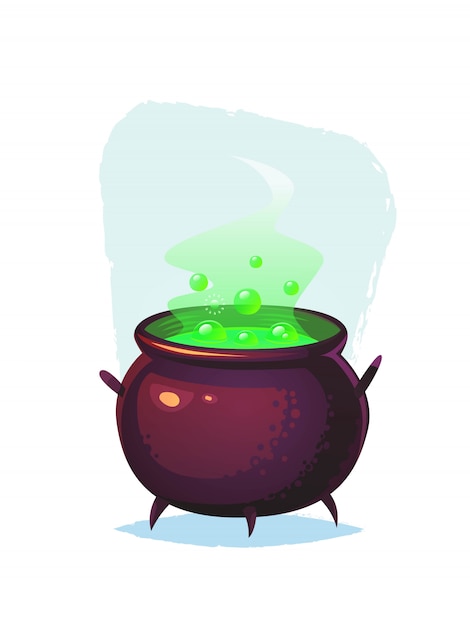 Vektor magischer kessel mit glühender grüner sprudelnder trank-karikatur-halloween-illustration