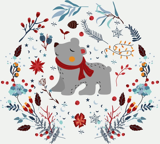 Magischer winter, hintergrund mit einem süßen eisbären in einem kranz, winterbeeren, weihnachtsblumen.