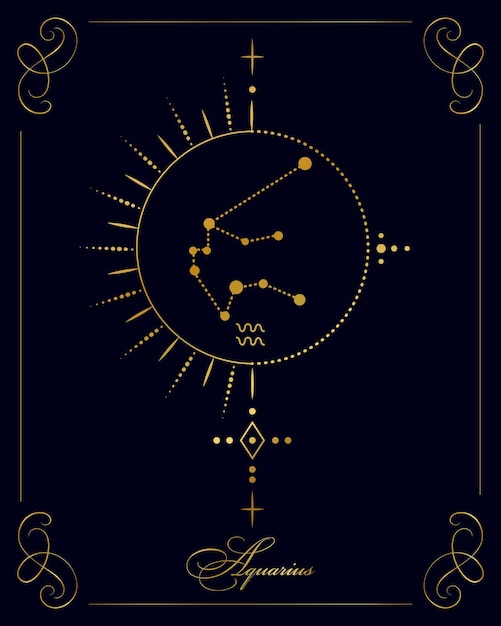 Magisches Astrologieplakat mit Sternbild Wassermann, Tarotkarte. Goldenes Design auf schwarzem Hintergrund.