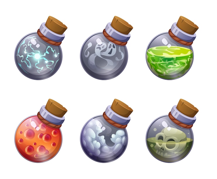 Vektor magisches gift durchsichtiges glas märchen alchemie elixier flaschen genauer vektor cartoon geheimnis spiel assets im cartoon-stil