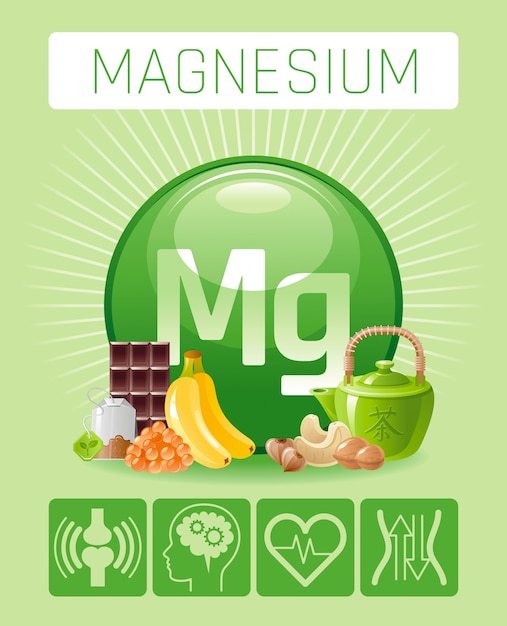 Magnesium mg mineral vitamin ergänzung symbole. medizinische infografiken plakatschablone des symbols der gesunden ernährung des essens und des getränks 3d. flat benefit design