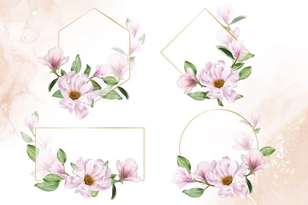 Magnolien-Aquarell-Blumen-Hochzeits-Rahmen-Mehrzweckschablonen-Design-Sammlung