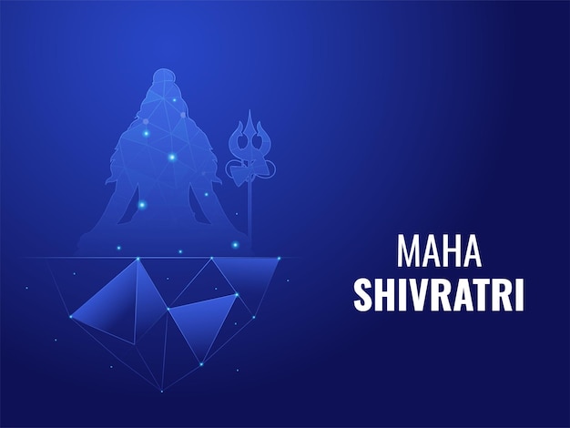 Maha shivratri feierkonzept mit meditierendem lord shiva am felsen in polygonalen linien auf blauem hintergrund