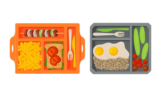 Mahlzeitstrich mit frischer appetitvoller Nahrung, die in einem anderen Abschnitt über dem View-Vektor-Set liegt