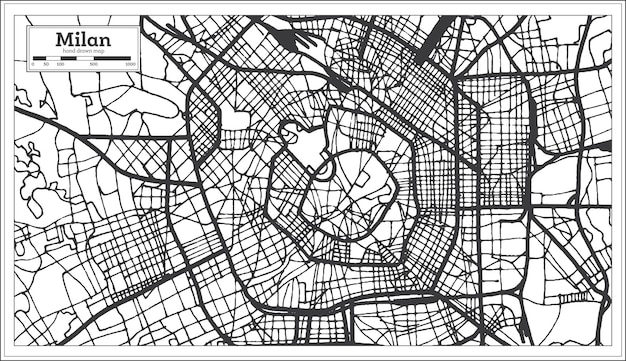 Mailand italien stadtplan im retro-stil in schwarz-weiß-farbe. übersichtskarte. vektor-illustration.