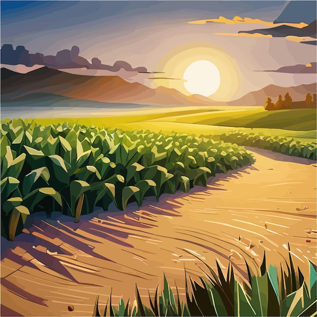 Maisfeld-landschaft, vektorgrafik-cartoon-landschaft mit hohen maisstängeln an einem sonnigen tag
