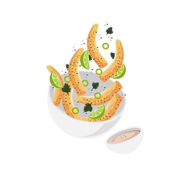Vektor maisrippchen, illustration, logo, mit, mayonnaise, soße, in, a, bowl