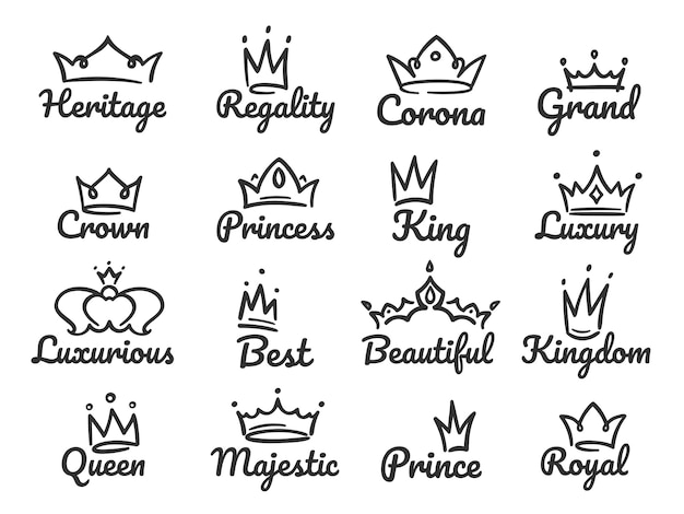 Vektor majestätisches kronenlogo. skizzieren sie prinz und prinzessin, hand gezeichnetes königinzeichen oder königkronen-graffitiillustrationssatz