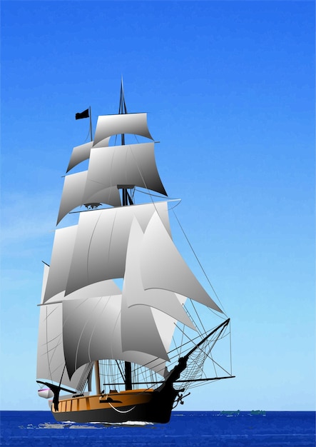 Majestätisches Segelschiff mit weißen Segeln, das unter klarem Himmel durch den ruhigen blauen Ozean fährt und ein Gefühl von Abenteuer und Erkundung hervorruft