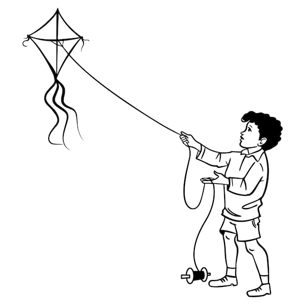 Makar sankranti junge fliegt kite linie einfache zeichnung illustration