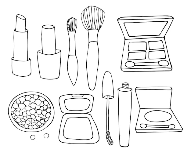 Make-up-doodle-symbole-sammlung im vektor. handgezeichnete make-up-icons-sammlungen.