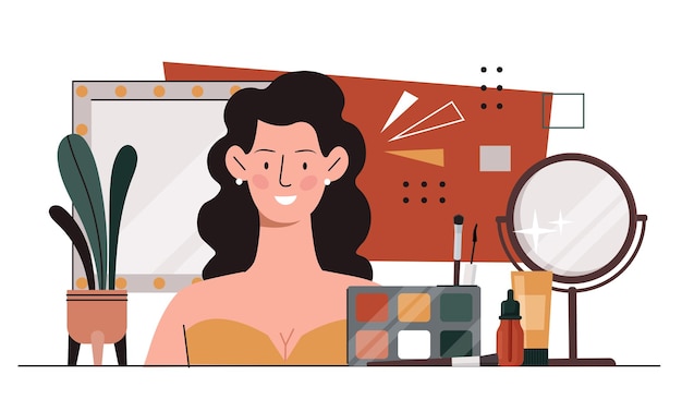 Make-up-Künstlerin Konzept Frau mit Palette und Foundation junges Mädchen mit Pinsel in der Nähe von Spiegel Schönheit