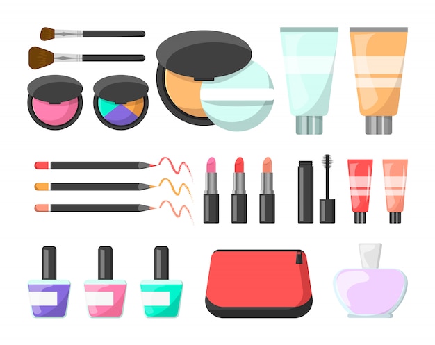 Make-up-Set. Creme, Kosmetikpinsel, Mascara und Parfüm