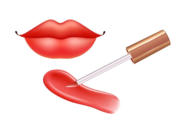 Vektor make-up-set für lippen mit realistischem cremeabstrich realistischer flüssiger lippenstift und lippen