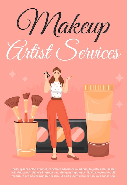 Vektor makeup artist service poster flache vorlage. frau mit schönheitssalonkosmetik. broschüre, broschüre einseitiges konzeptdesign mit comicfiguren. machen sie kurse flyer, faltblatt