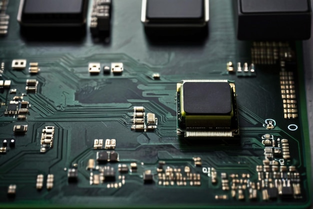 Makro-Nahaufnahme von Komponenten und Mikrochips auf der PC-Leiterplatte