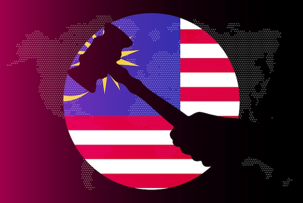 Malaysia-Flagge mit Richterhammer-Korruptionskonzeptgesetz oder Nachrichtenbanner für rechtliche Ergebnisse