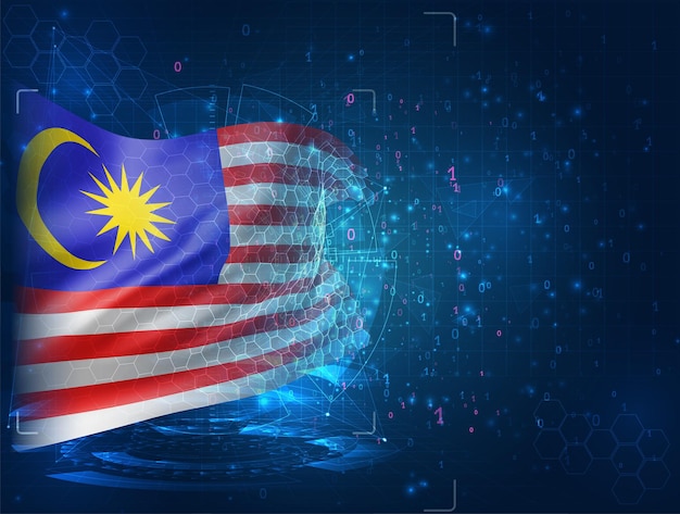 Malaysia, Vektor-3D-Flagge auf blauem Hintergrund mit hud-Schnittstellen