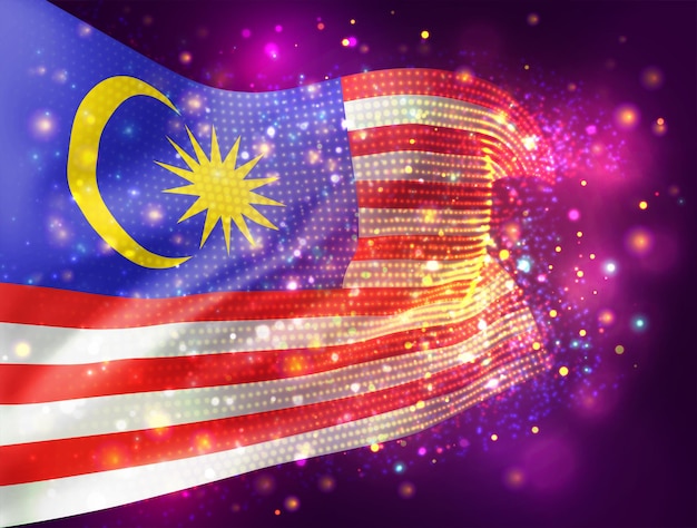 Malaysia, Vektor-3D-Flagge auf rosa lila Hintergrund mit Beleuchtung und Fackeln