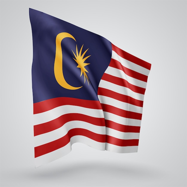 Malaysia, Vektorflagge mit Wellen und Kurven im Wind auf weißem Hintergrund.