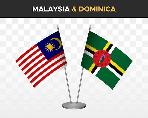 Malaysia vs dominica schreibtischflaggen mockup isoliert auf weiß. 3d-vektor-illustration tischfahnen