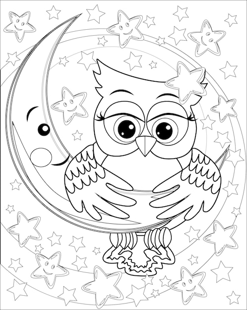 Malbuch für Erwachsene und ältere Kinder Malseite mit einer Eule auf dem Mond zwischen den Sternen