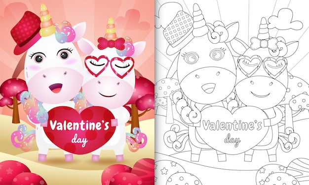 Malbuch für kinder mit süßem einhornpaar zum valentinstag illustriert