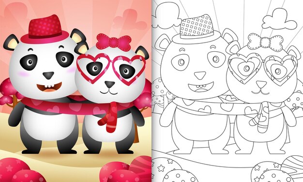Malbuch für kinder mit süßem valentinstag panda bärenpaar illustriert