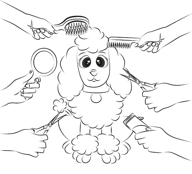 Malbuch für Kinder schwarz und weiß. Hund mit Haustierpflegewerkzeug im flachen Vektorstil
