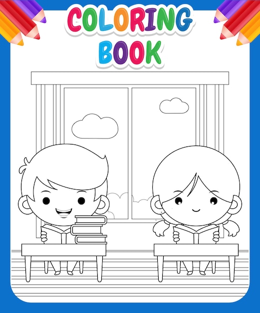 Malbuch für kinder. studenten, die bücher in der bibliotheks-cartoon-illustration lesen